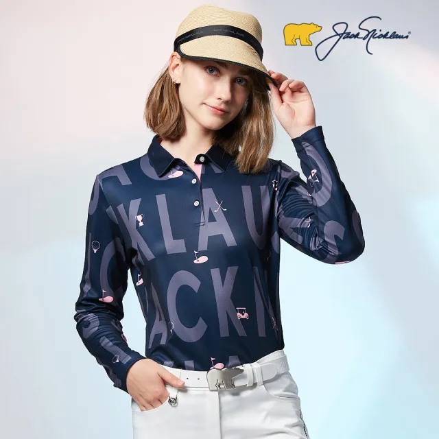 【Jack Nicklaus 金熊】GOLF女款彈性吸濕排汗數位印花高爾夫球/POLO衫(深藍色)