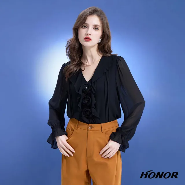 【HONOR 山形屋】出清品 優雅荷葉花邊玫瑰透膚袖雪紡上衣-黑/黃(限定出清)