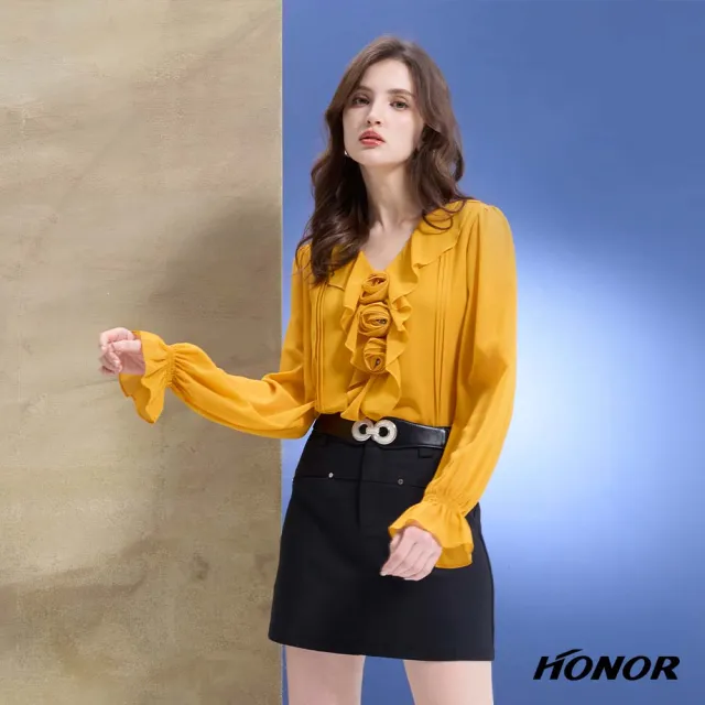 【HONOR 山形屋】出清品 優雅荷葉花邊玫瑰透膚袖雪紡上衣-黑/黃(限定出清)