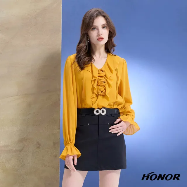 【HONOR 山形屋】出清品 優雅荷葉花邊玫瑰透膚袖雪紡上衣-黑/黃(限定出清)