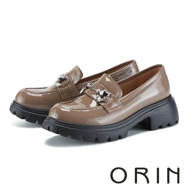 【ORIN】牛漆皮水鑽釦飾厚底樂福鞋(咖啡)