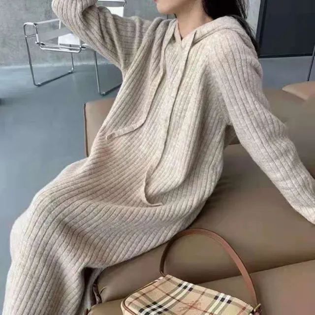 【D.studio】韓版寬鬆長版針織上衣(洋裝連身裙連衣裙上衣套裝長袖上衣 冬天女裝長裙裙子連帽上衣S162)