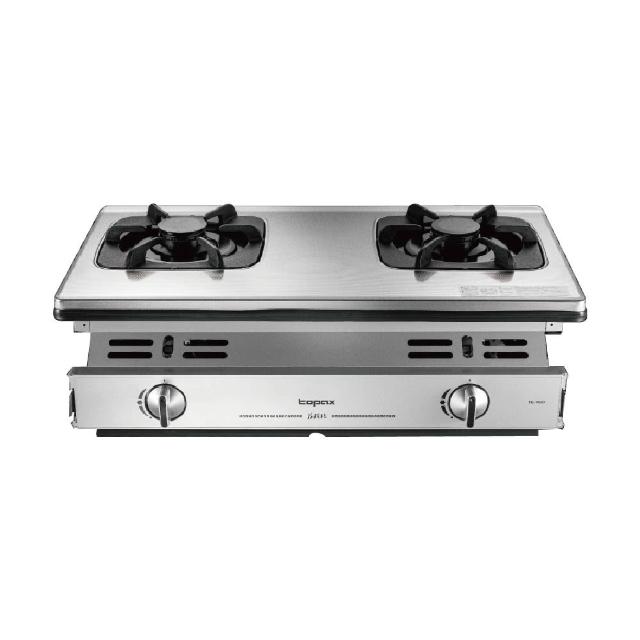 Topax莊頭北 TG-7507 雙口瓦斯爐，臺灣原廠製造，不鏽鋼爐臺耐腐蝕堅固耐用。採用傳統外擴火焰設計，火力均勻強勁，瓦斯消耗量僅8~9kW，第一級能源效率省氣節能。左旋打擊點火方便安全，機體尺寸705×450×235mm，適合標準安裝。BSMI認證R51085，保固1年，是家庭廚房升級的理想選擇。