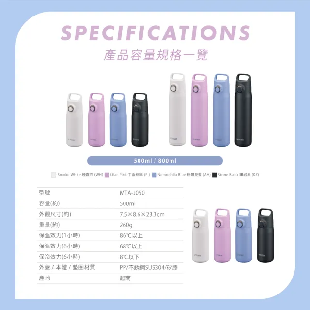 【TIGER 虎牌】momo獨家 買1送1 彈蓋雙層不鏽鋼保溫瓶 500+800ml(MTA-J輕量手提保溫杯)