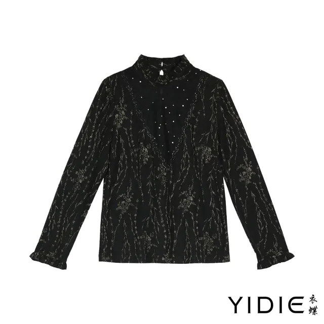 【YIDIE】荷葉領亮片蕾絲花卉上衣-黑