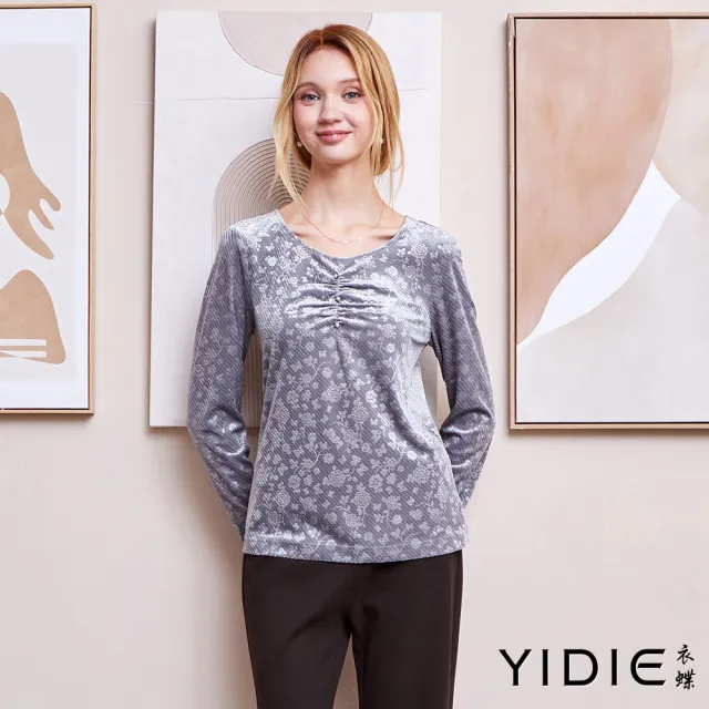 【YIDIE】光澤絨布珠釦花卉上衣-灰