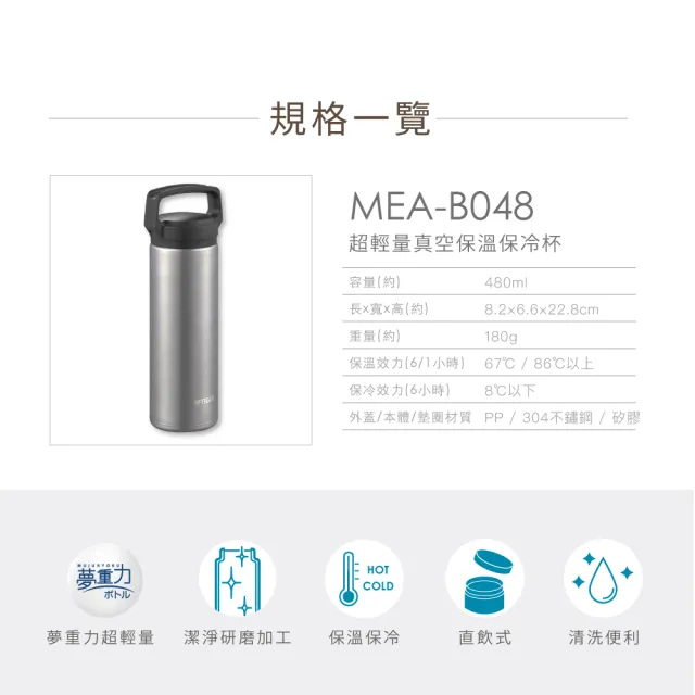 【TIGER 虎牌】買1送1雙層不鏽鋼保溫瓶(MMJ-S060彈蓋直空/MEA-B048輕量手提保溫保冰)