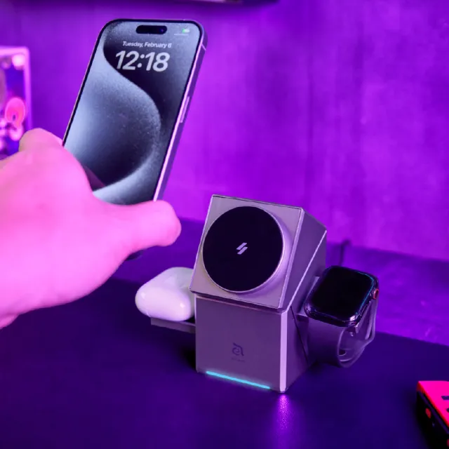 【ADAM 亞果元素】Mag Qube Qi2 立方體智慧型三合一旅行磁吸無線充電座 鈦(無線/Magsafe)