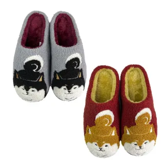 【Kusuguru Japan】日本眼鏡貓 拖鞋 相良刺繡絨毛保暖蓬軟觸感 橡膠止滑鞋底室內拖鞋 -柴尻君款
