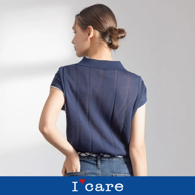 【I’Care 依卡】現貨-小V翻領 針織感假兩件上衣 - 2色（F）｜女休閒上衣 針織上衣 短袖上衣(707-12001)