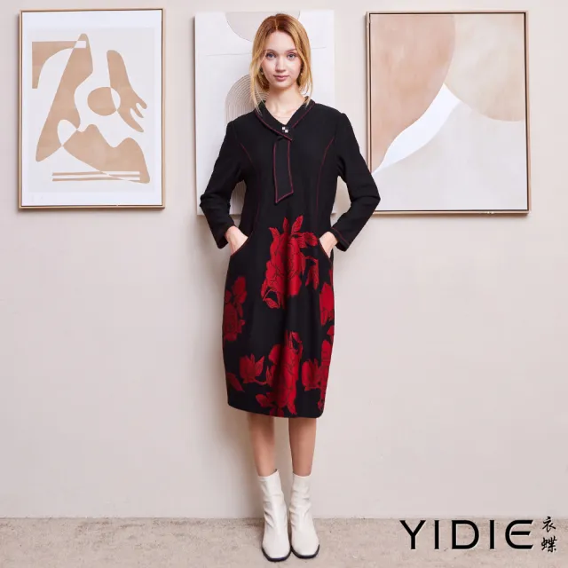 【YIDIE】造型領結玫瑰長洋裝-黑