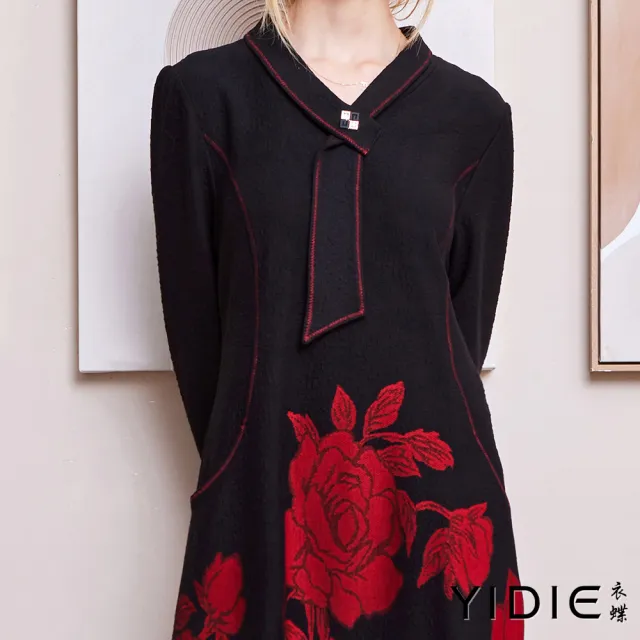 【YIDIE】造型領結玫瑰長洋裝-黑