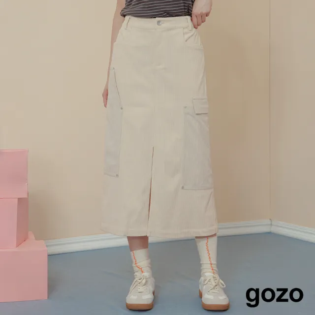 【gozo】燈芯絨拼接造型口袋開衩長裙(兩色)
