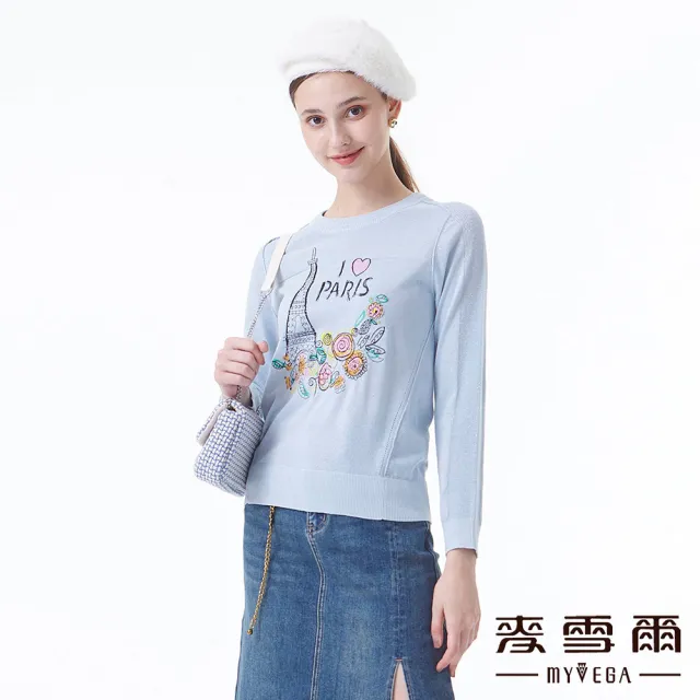 【MYVEGA 麥雪爾】棉質鐵塔刺繡金銀蔥保暖針織上衣-灰