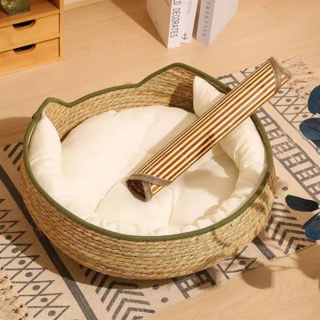 【艾嘉圖】草編寵物貓貓咪用品 寵物窩藤編可拆洗(手工貓窩四季通用貓抓板34*34*13CM)