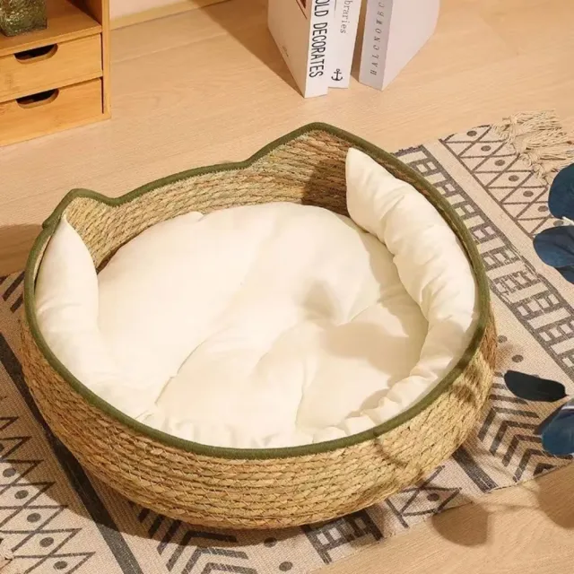 【艾嘉圖】草編寵物貓貓咪用品 寵物窩藤編可拆洗(手工貓窩四季通用貓抓板34*34*13CM)