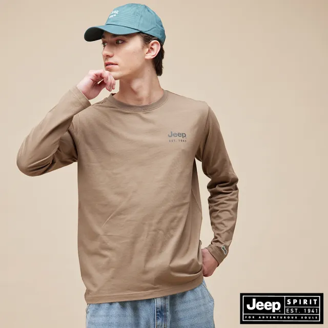 【JEEP】男裝 吉普車圖騰印花純棉長袖T恤(咖啡色)