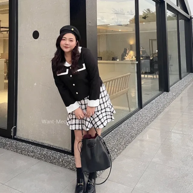 【Want-Meow】90公斤可質感韓系黑白撞色領外套小香風外套(大碼上衣/大碼/大尺碼/外套)