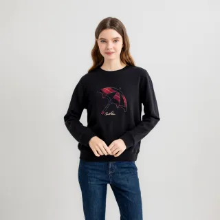 【Arnold Palmer 雨傘】女裝-大傘格紋貼布繡圓領長袖大學T(黑色)