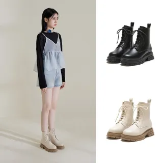 【D+AF】勁酷少女．圓頭加厚底綁帶短靴