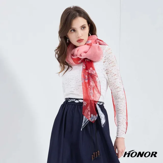 【HONOR 山形屋】紅粉花卉漸層長絲巾-紅
