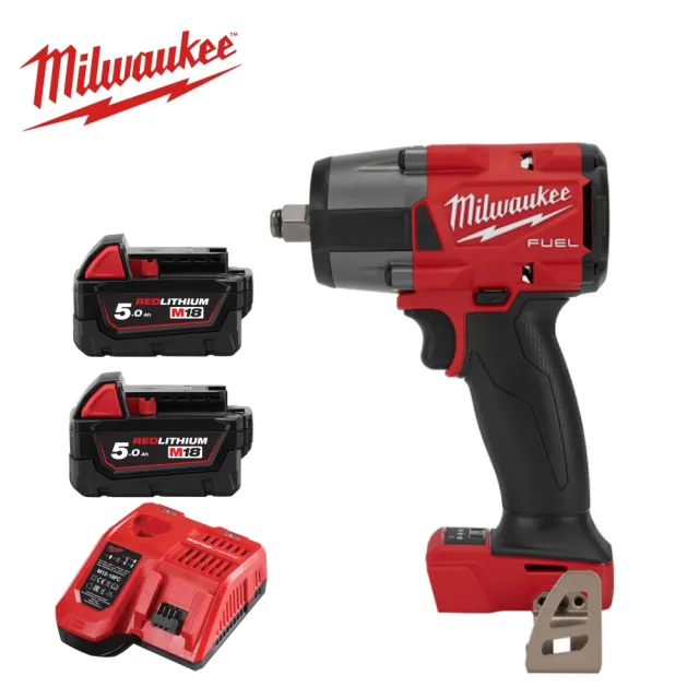 【Milwaukee 美沃奇】18V中扭無刷1/2″衝擊扳手(M18FMTIW2F12主機+5.0鋰電池兩顆+充電器)