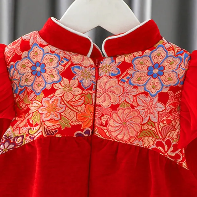 【橘魔法】日式彩花刺繡刷絨旗袍洋裝 附包包(長版上衣 連身裙 旗袍裝 拜年 過年 新年 大紅 女童 兒童 童裝)