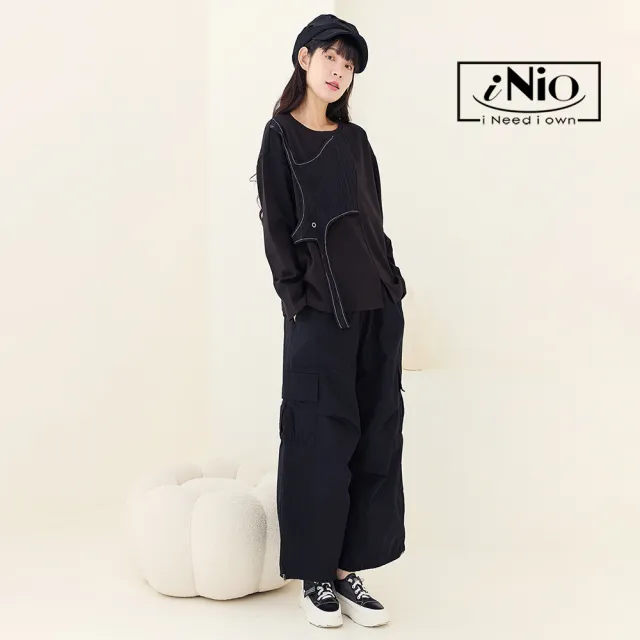 【iNio 衣著美學】腿型修飾工裝褲 鬆緊腰設計 百搭口袋休閒長褲(CEW2805)