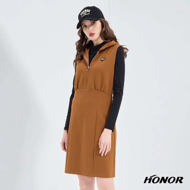【HONOR 山形屋】出清品 愛心半拉鍊剪裁連帽無袖洋裝-卡其(限定出清)