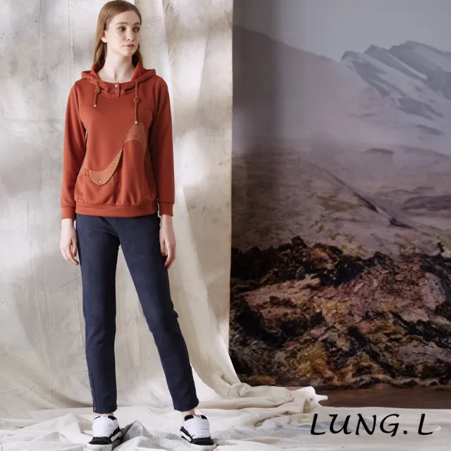 【LUNG.L 林佳樺】LU07A 焦糖橘異素材拼接長袖連帽女裝上(秋冬新品)