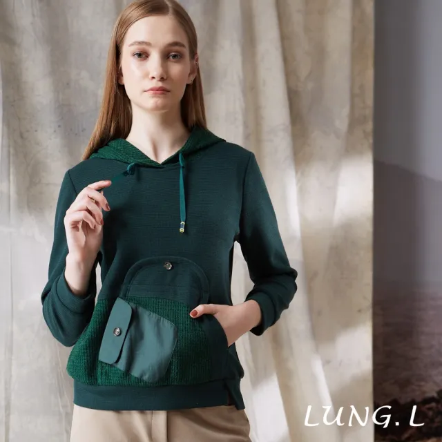 【LUNG.L 林佳樺】LU14A 綠色異素材拼接造型口袋長袖連帽女裝上衣(秋冬新品)