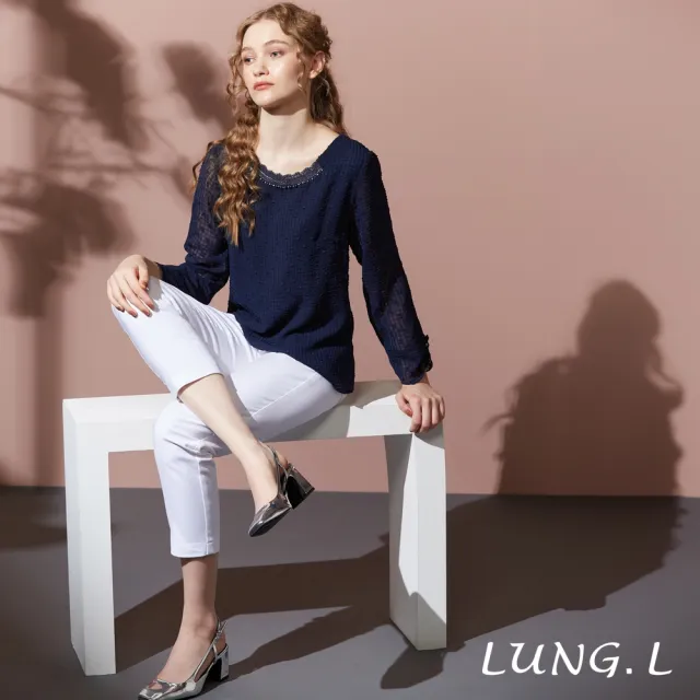 【LUNG.L 林佳樺】LT01A 藍色提花泡泡布A-line七分袖女裝上衣(秋冬新品 加大尺碼)