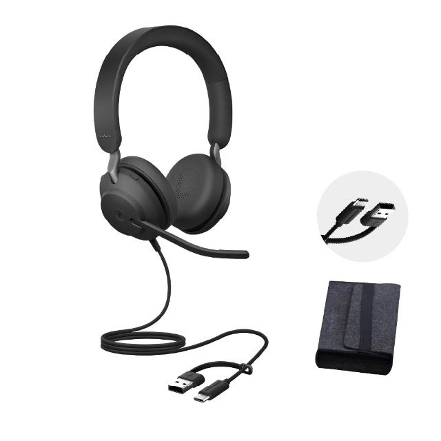 Jabra 捷波朗 Evolve2 40 SE 耳罩式有線耳機，具備優異通話與降噪功能，獲得其他音質認證。適用於 iOS、Android、PC、Windows 等多平臺，包含收納袋與說明書配件，提供 2 年保固。專業級耳機，適合辦公與日常使用，提升通話清晰度與舒適體驗。