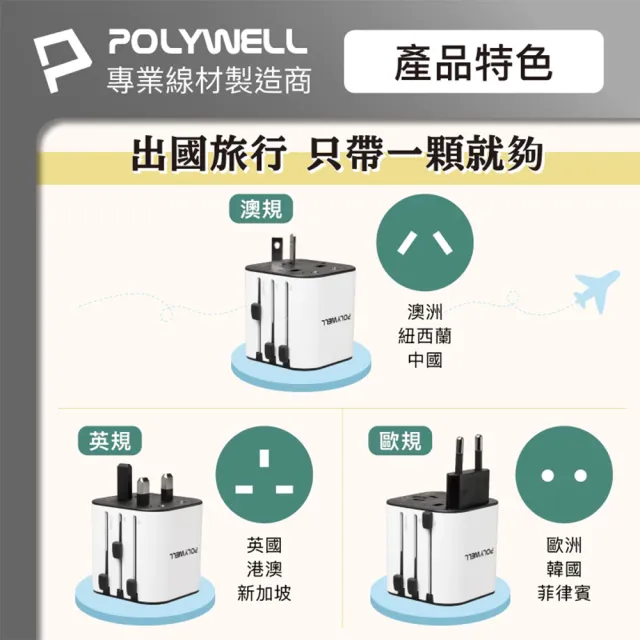 【POLYWELL】保固一年 多合一萬國轉接頭 100V~240V通用(旅行轉接頭 萬用轉接頭 旅用充電器)