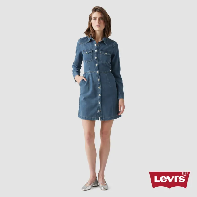 【LEVIS】女款 合身長版牛仔洋裝 / 襯衫式順腰設計 / 經典外套母扣 上衣 熱賣單品 A7565-0000
