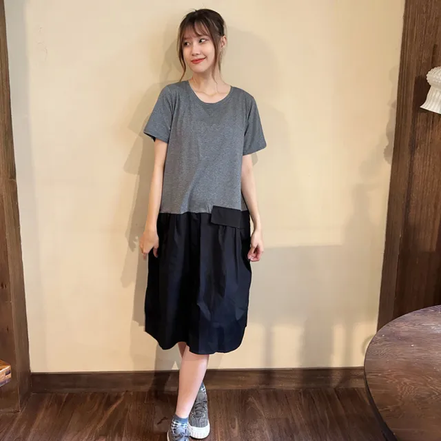 【Hana Mokuba】花木馬日系女裝不對稱面料拼接圓領洋裝(洋裝)