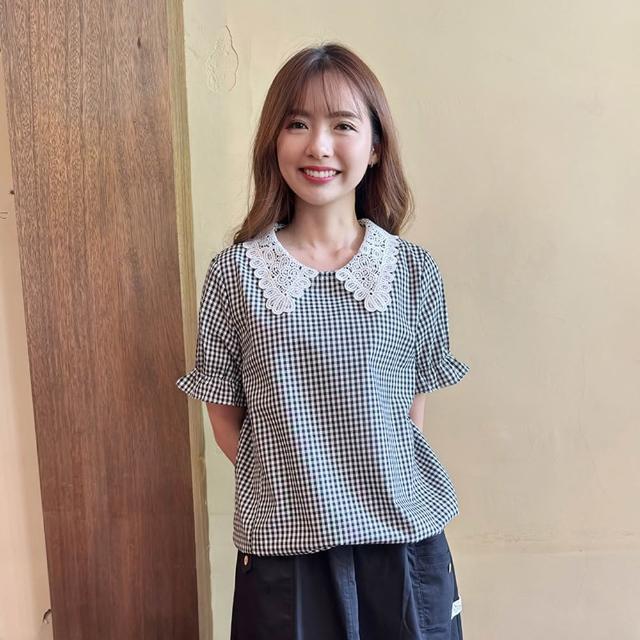 【Hana Mokuba】花木馬日系女裝鏤空蕾絲立領格紋綁帶收口上衣(造型上衣)