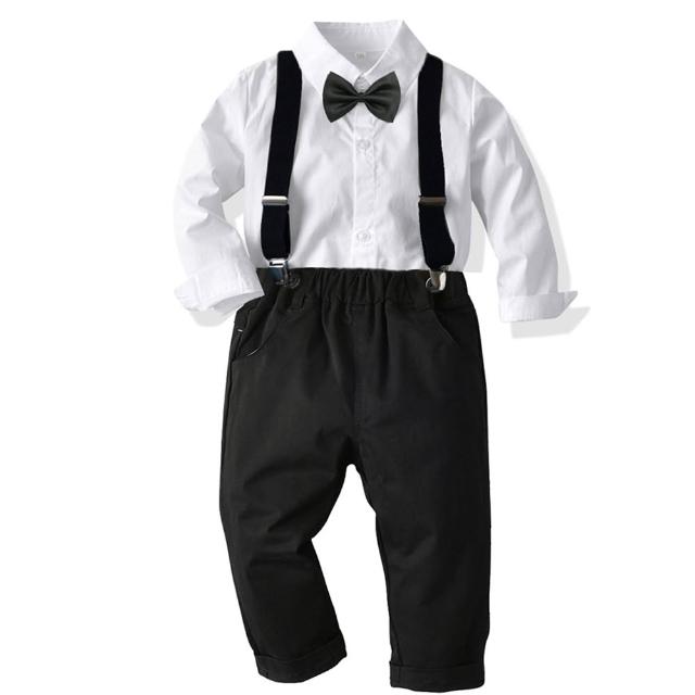【時尚Baby】男童正式套裝白色襯衫黑吊帶長褲小花童套裝(兒童套裝小伴郎套裝春秋西裝套裝)