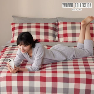 【YVONNE 以旺傢飾】100%美國棉四季被-格紋 葡萄藤紅(雙人 純棉 棉被 水洗)