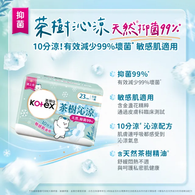 【Kotex 靠得住】茶樹舒涼棉35cm+舒涼棉小蒼蘭28cm+沁涼棉23cm+沁涼褲L號+舒涼護墊各1包(涼感新客體驗組)