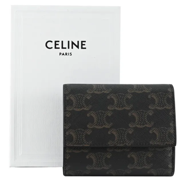 【CELINE】TRIOMPHE 經典品牌印花拼接三折多卡扣式零錢短夾(深咖)