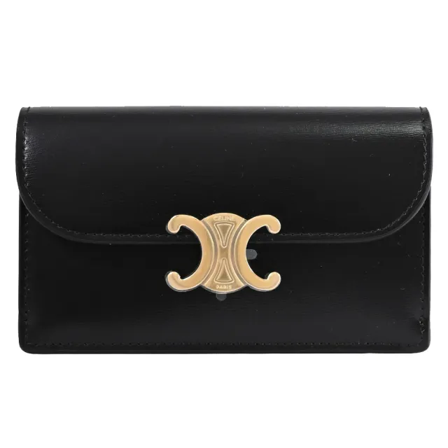 【CELINE】TRIOMPHE 金屬LOGO小牛皮長款翻蓋零錢卡包(黑)