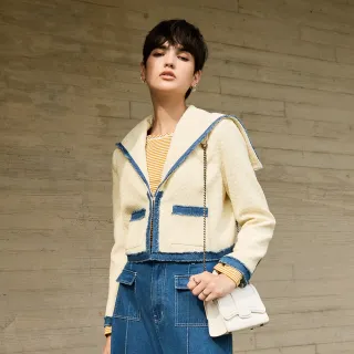 【ILEY 伊蕾】海軍領拼接丹寧小香短版外套(白；M-XL；1254664611)