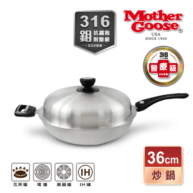 【美國MotherGoose 鵝媽媽】醫療級316不鏽鋼 利歐IH導磁七層複合金不沾鍋/炒鍋36cm