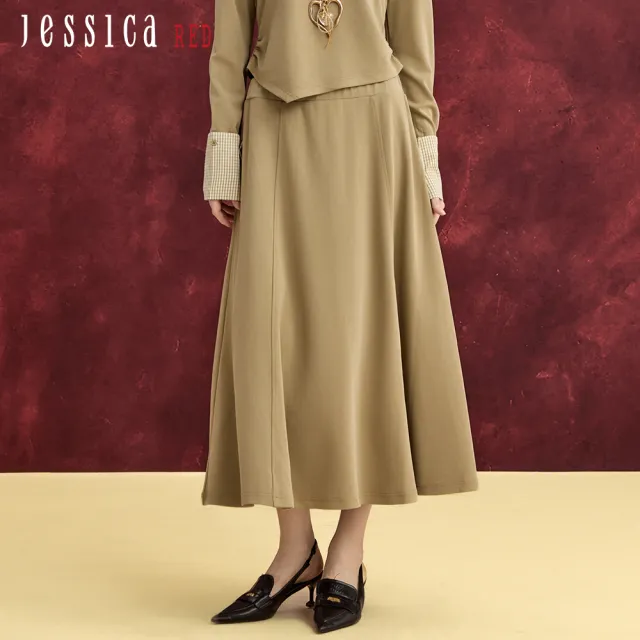【Jessica Red】寬鬆舒適百搭高腰鬆緊腰長裙R54D01(綠/灰/棕)