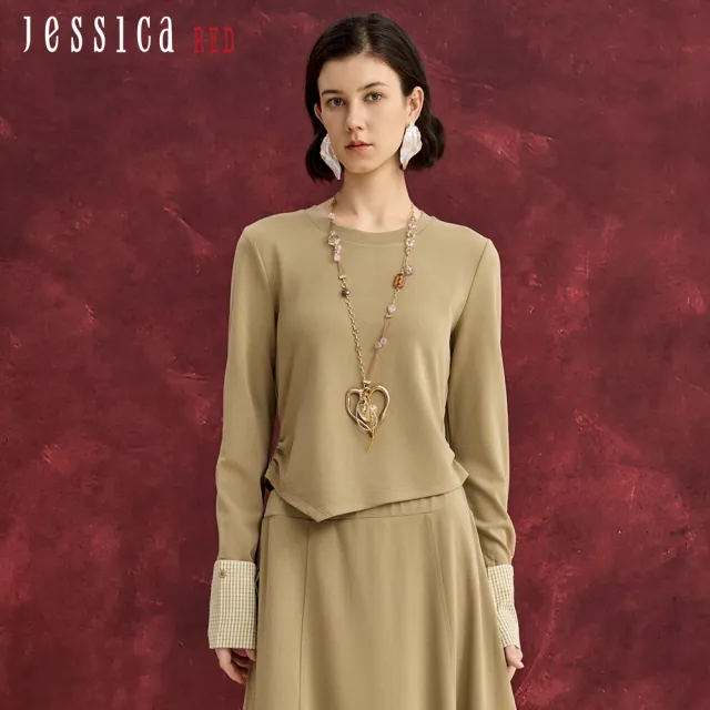 【Jessica Red】設計感不對稱鏤空下擺百搭長袖T恤R54602(綠/灰/棕)