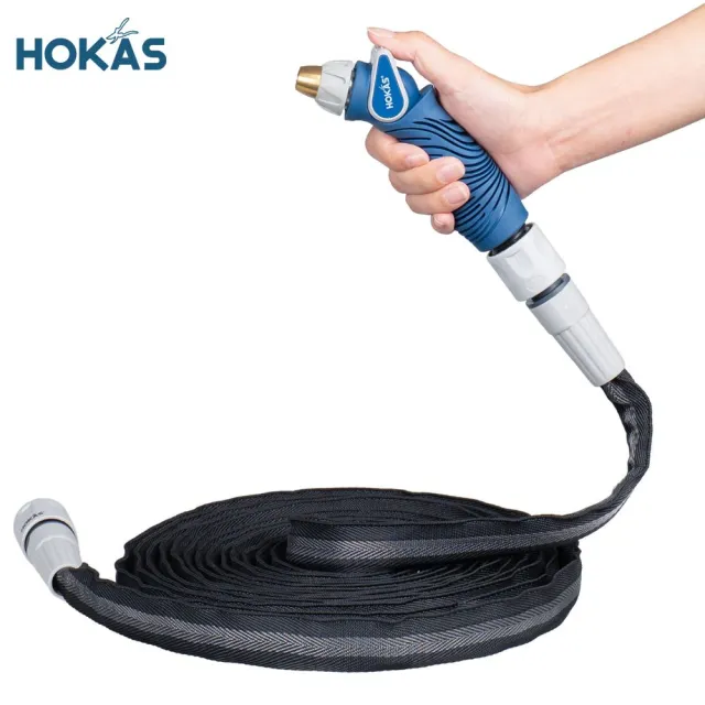 【HOKAS】7.5公尺專業防凹折強力水管水槍組 台灣製(澆花 洗車 清洗地板 贈送水管收納掛勾 S424-1)