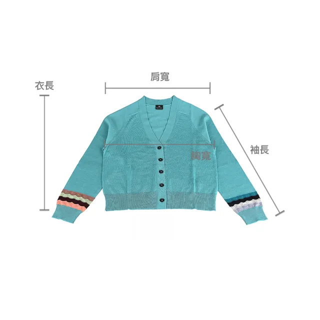【Paul Smith】PAUL SMITH 白簽字LOGO柔軟羊毛搭繽紛滾邊長袖V領5鈕釦開襟衫(女款/綠藍)