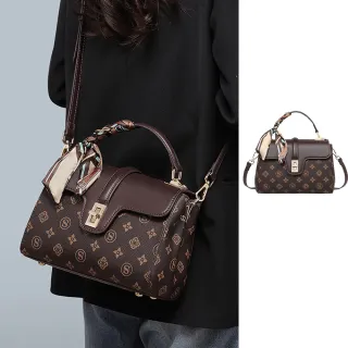 【Sp house】輕奢復古印花絲巾皮革時尚手提側肩包(咖色)