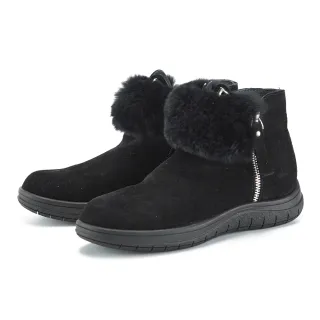 【MAGY】保暖兔毛滾邊牛麂皮拉鍊平底短靴(黑色)